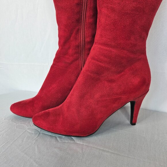 Red Velour Knee-High Women's Boots with Rose/Flower Accents, Size 6M - Picture 2 of 16